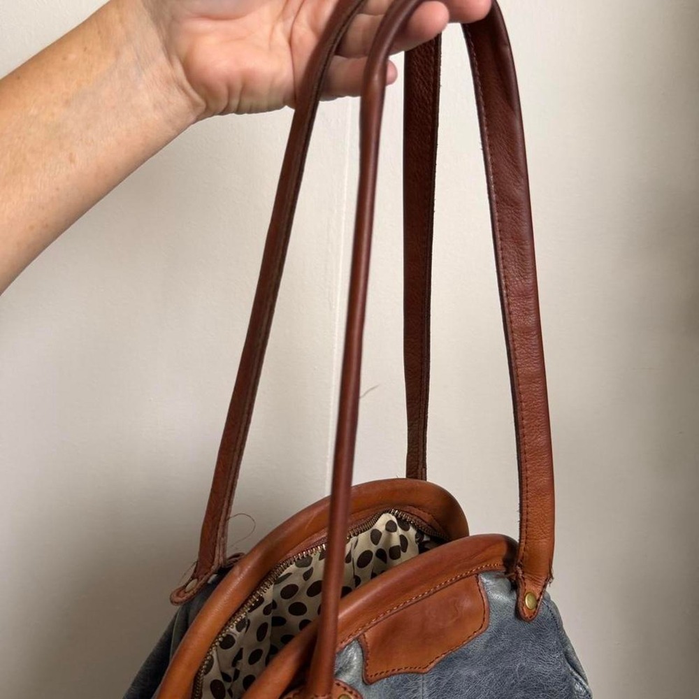 Blue Leather Bowling Bag Shoulder Bag Brown Leather Trim Polka Dot Liner Boho - Picture 8 of 8